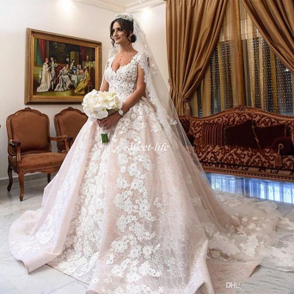 Princess Full Lace Ball Gown Wedding Dresses V-Neck Cap Sleeves Chapel  Train  - Designer Princess Ball Gown Wedding Dresses