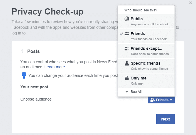 Kliknij menu rozwijane, aby wybrać jedną z dostępnych opcji, np. Publiczny, Znajomi, Z wyjątkiem znajomych, Określeni znajomi lub Tylko ja