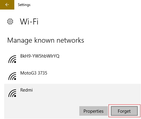 kliknij Zapomniałem sieć na tym, który Windows 10 nie zapamięta hasła