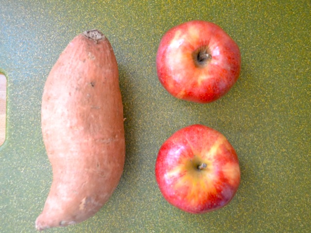 one sweet potato and two apples