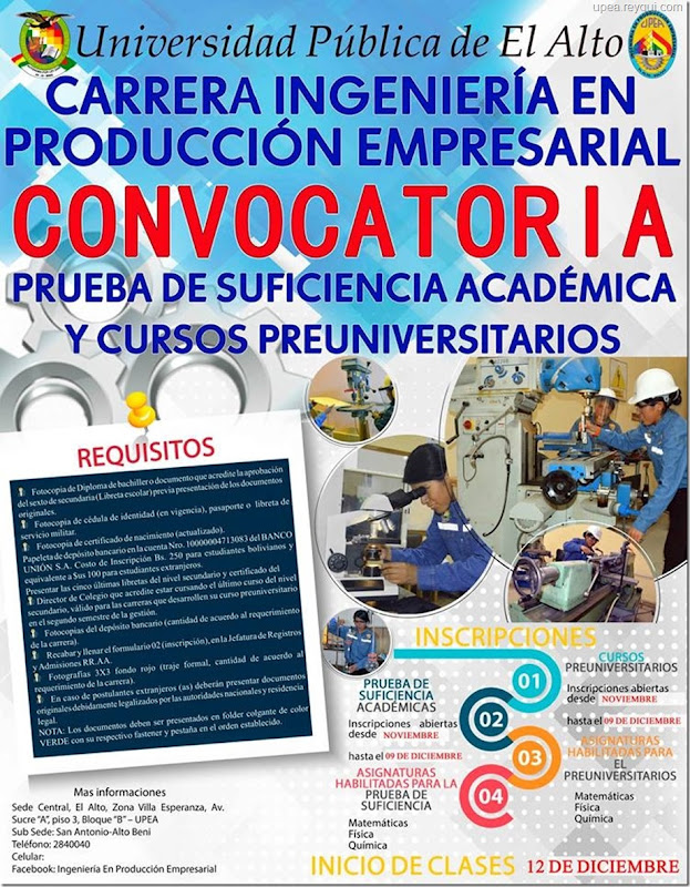 Ingeniería en Producción Empresarial UPEA 2018: Convocatoria a la Prueba de Suficiencia Académica y Curso Preuniversitario