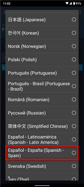 Toque el idioma que desea usar en Steam para Android