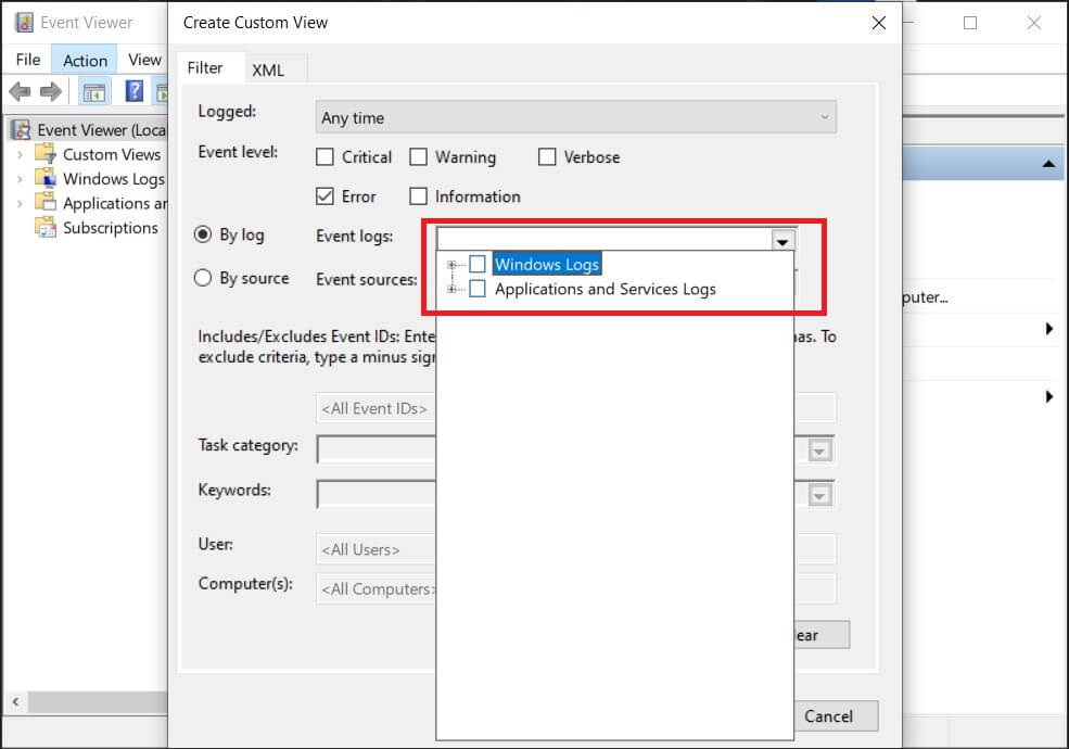 Выберите «Журналы Windows» в раскрывающемся списке «Тип журнала событий».