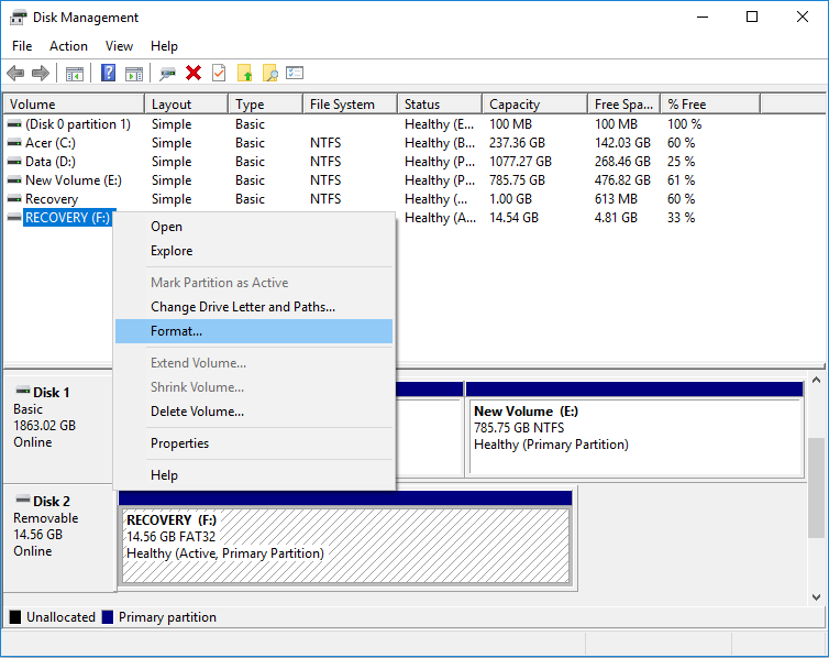 Formater le disque ou le lecteur dans la gestion des disques