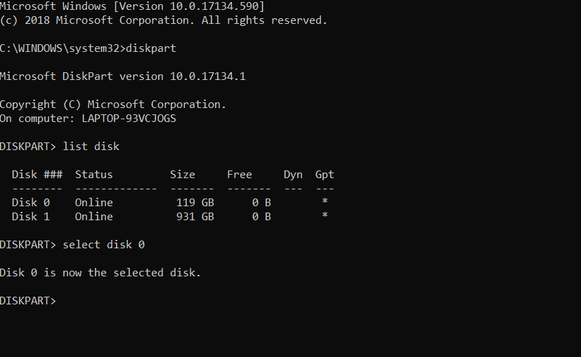 4. Select the disk where your operating system is installed. 5. Type select disk 0 and press Enter.