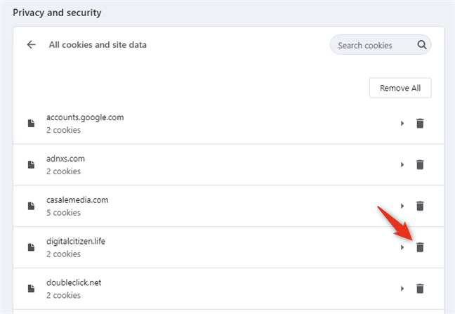 Eliminazione di tutti i cookie di un sito Web dal pannello Tutti i cookie e i dati del sito