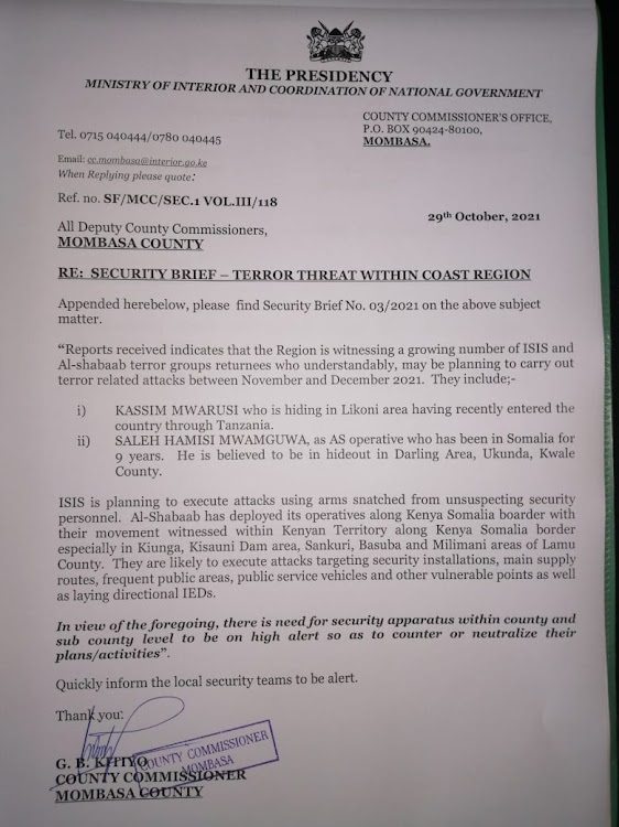 An alleged security circular from Mombasa county commissioner Gilbert Kitiyo that has been going the rounds.