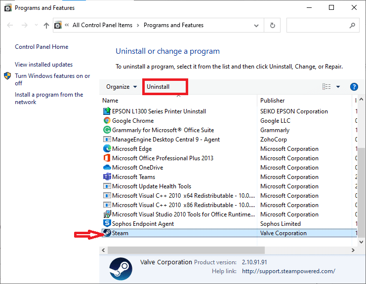 Teraz kliknij Steam i wybierz opcję Odinstaluj, jak pokazano na poniższym obrazku.