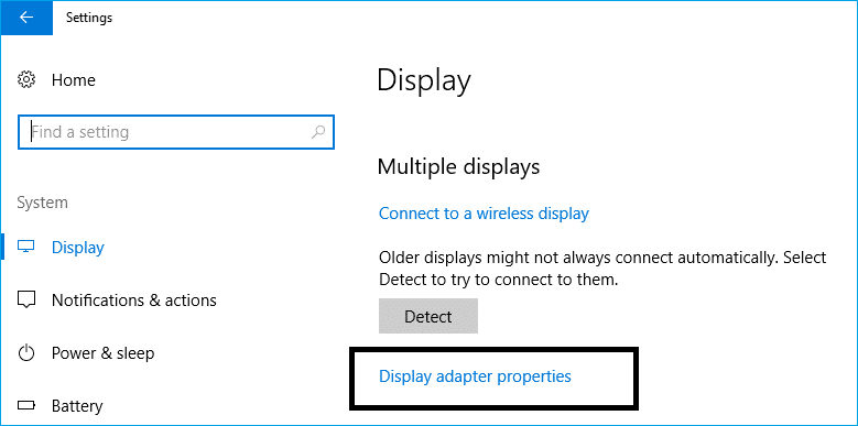 En Configuración, haga clic en Propiedades del adaptador de pantalla |  Cómo solucionar el problema de parpadeo de la pantalla del monitor