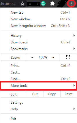 Aquí, seleccione la opción Más herramientas.  Cómo arreglar Chrome sigue fallando
