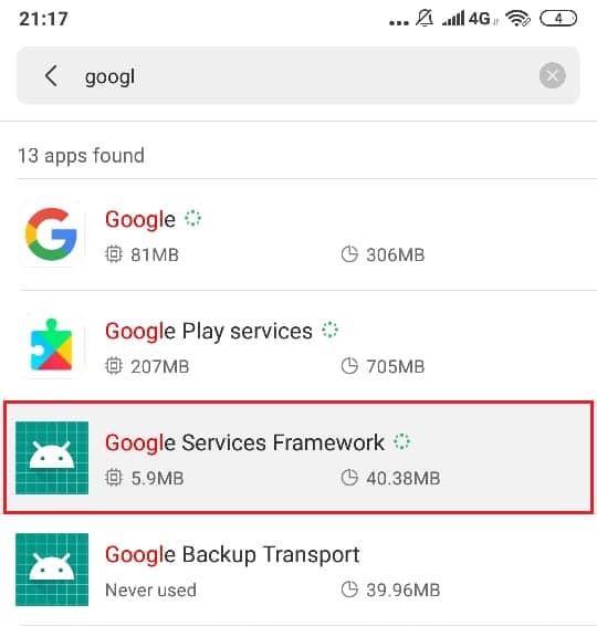 Zoek naar 'Google Services Framework' en tik erop |  Fix Google Play Store-fouten