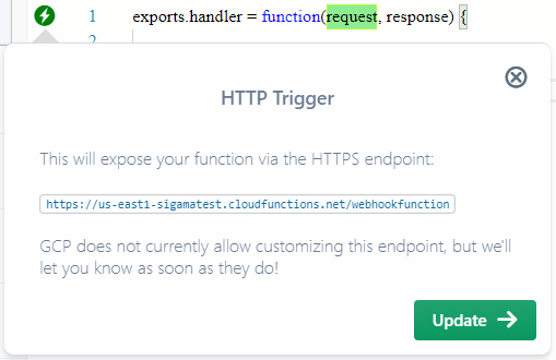GCP HTTP trigger pop-up showing the webhook URL
