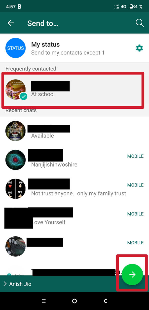 Scegli il contatto che desideri inviare e quindi tocca il pulsante di invio.  |  Come modificare lo stile del carattere in WhatsApp