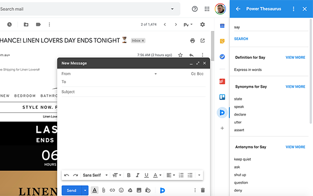 Screenshot of Power Thesaurus for Gmail