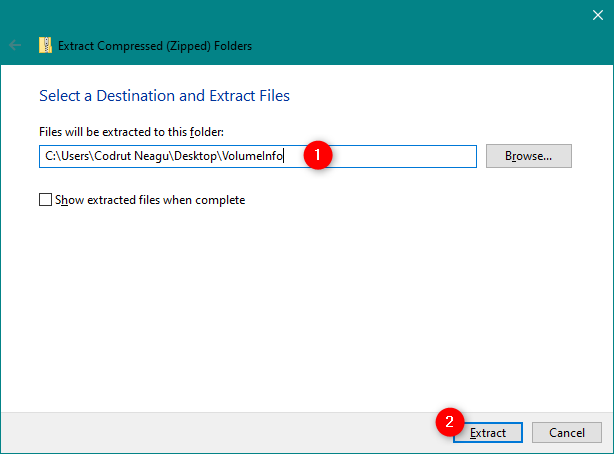 การเลือกตำแหน่งและชื่อสำหรับเนื้อหาของไฟล์ ZIP