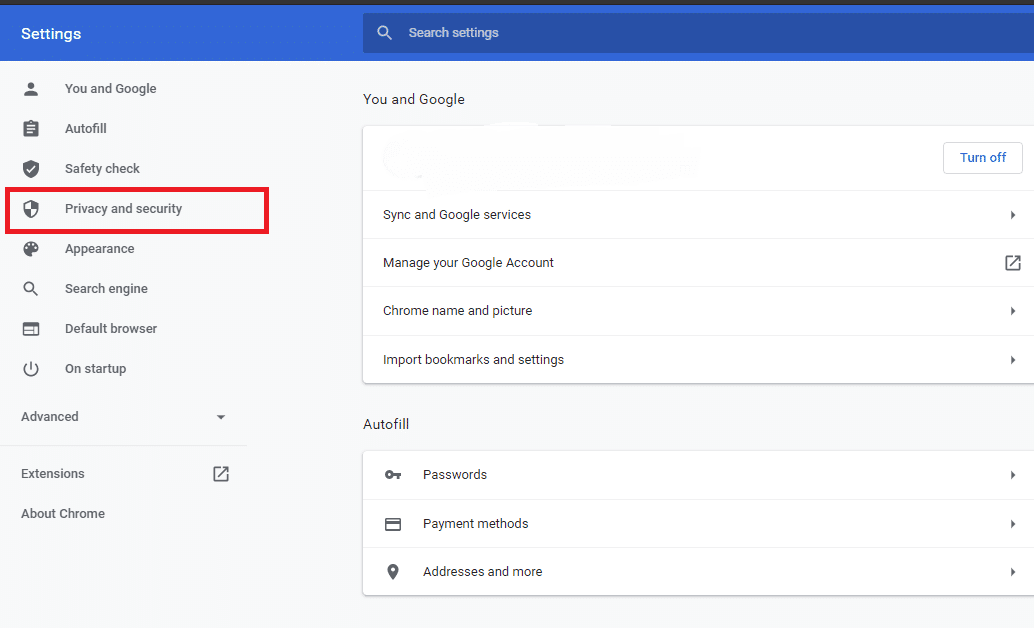 Ahora, haga clic en Privacidad y seguridad en el menú del lado izquierdo |  Cómo habilitar/deshabilitar JavaScript en su navegador