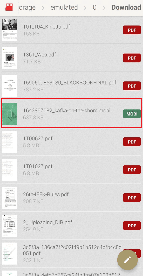 Encuentre el archivo MOBI deseado de la lista y tóquelo