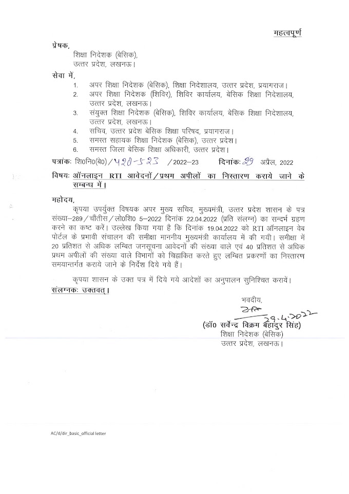 ऑनलाइन RTI आवेदनों/प्रथम अपीलों का निस्तारण कराये जाने के सम्बंध में।