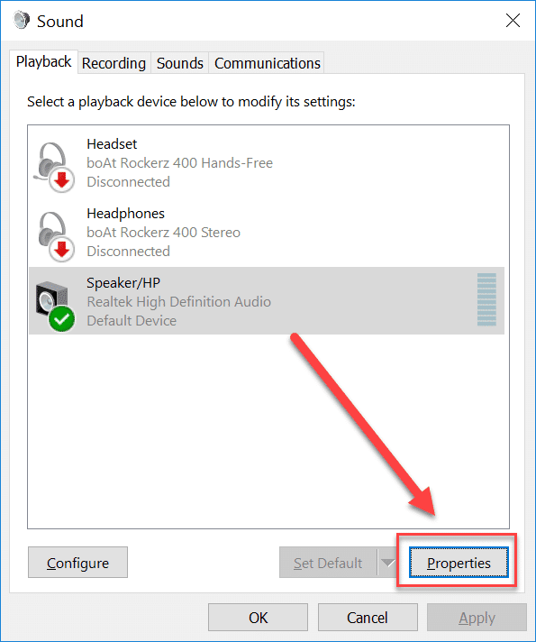 Esto abrirá el asistente de sonido.  Seleccione el dispositivo de audio y luego haga clic en "Propiedades".