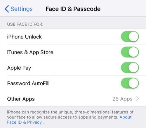 Ventana de opciones de Face ID y contraseña en el menú Configuración