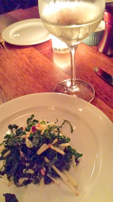 Serratto Bloggers Dinner, Kale Salad with pine nuts, honey crisp apple, sour cherries, Grana Padano, apple cider vinaigrette paired with Pinot Glanc/Gris/Riesling '11 from Brooks Amycas Willamette Valley