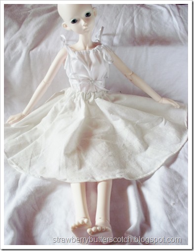 BJD in an off white circle skirt with elastic waistband