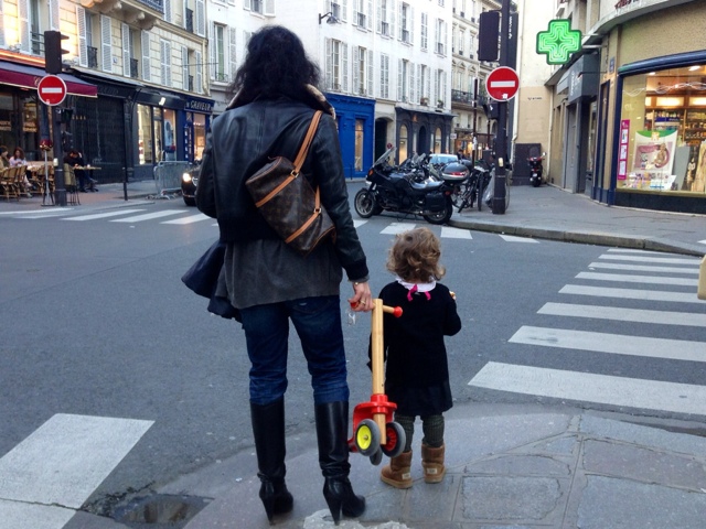 Paris Mom and little girl waiting to cross the street