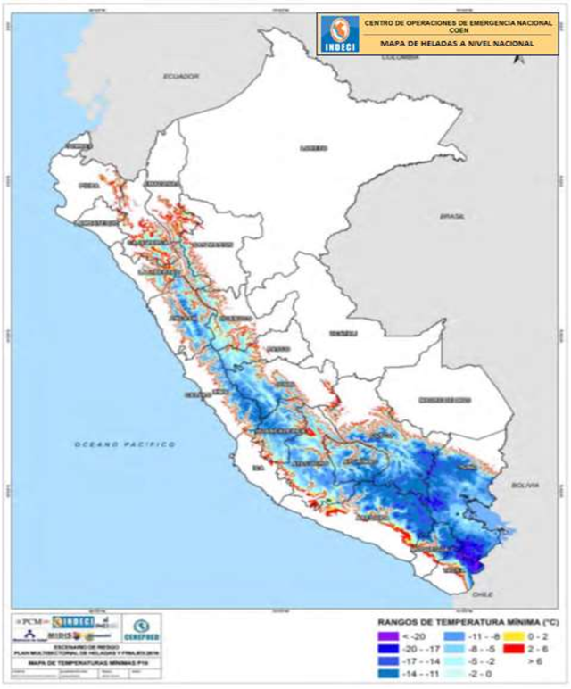 Temperature map of the Peruvian Andes, 2 September 2016, showing anomalously cold weather that persisted through much of the winter. Graphic: INDECI