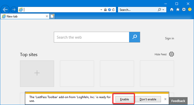 การแจ้งเตือนของ Internet Explorer เพื่อเปิดใช้งานโปรแกรมเสริม LastPass