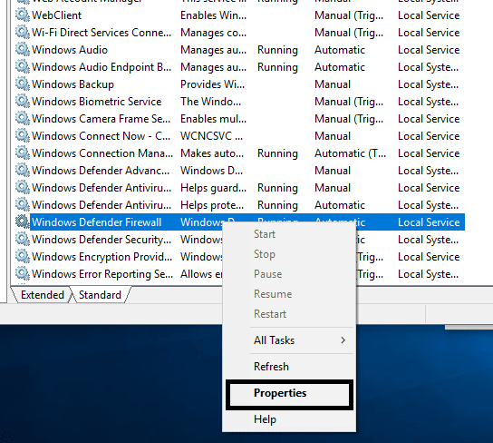 Щелкните правой кнопкой мыши Защитник Windows и выберите Свойства |  Исправление невозможности активировать брандмауэр Защитника Windows