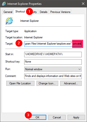 用于打开私人窗口的 Internet Explorer 快捷方式