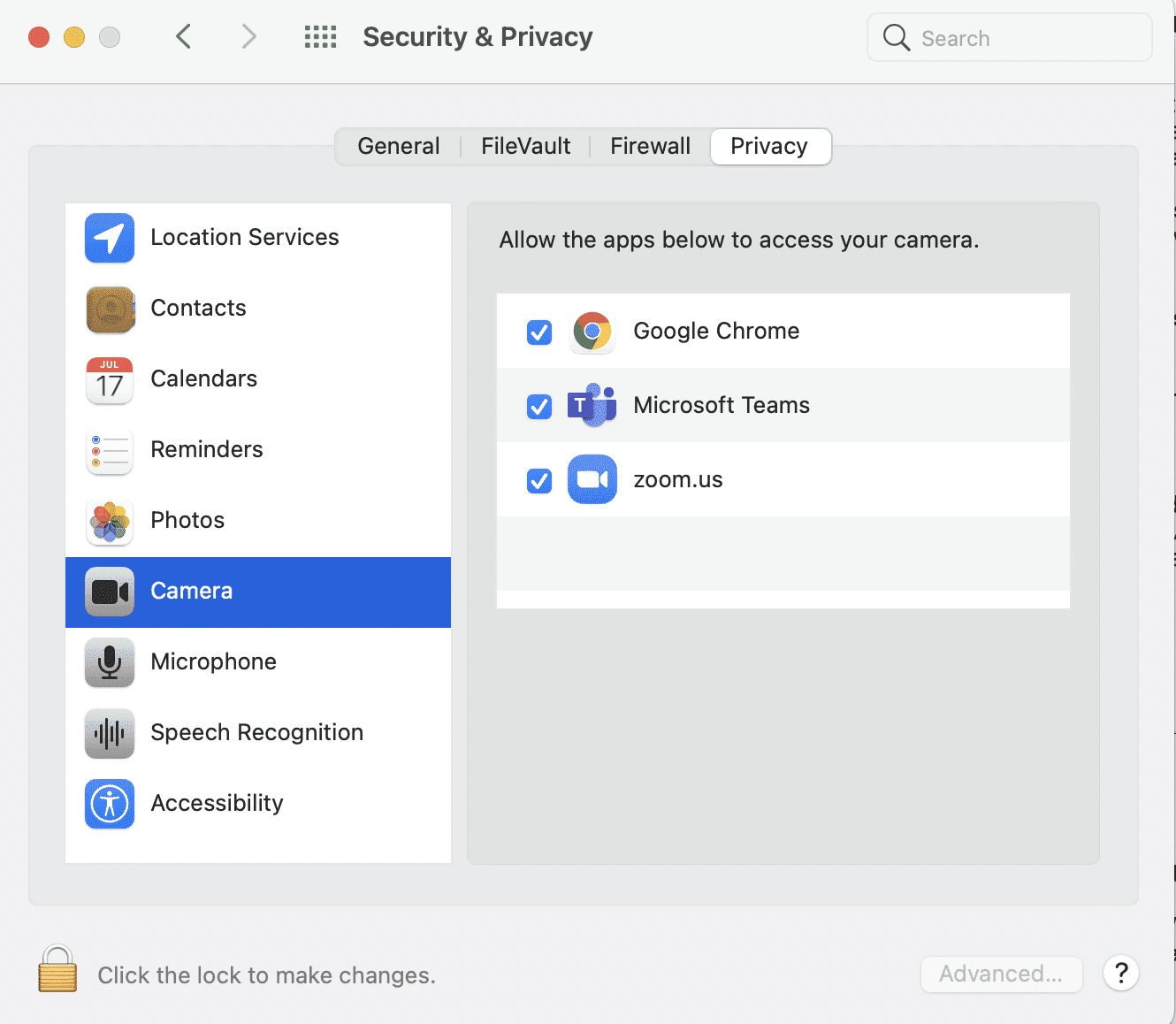 Haga clic en Seguridad y privacidad y seleccione Cámara.  Cómo arreglar el micrófono que no funciona en Mac