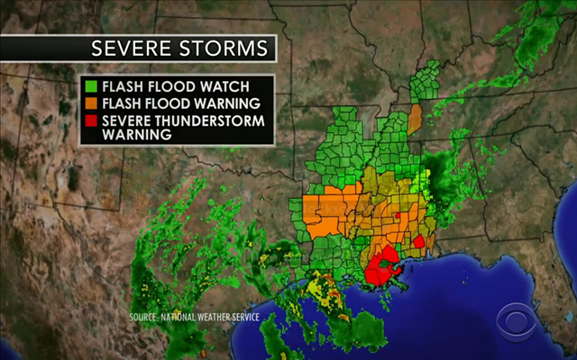 Flood warnings across seven U.S. states, 12 March 2016. Graphic: CBS News