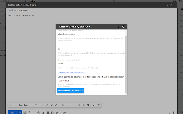 Screenshot of Draft on Behalf by Salesloft Labs