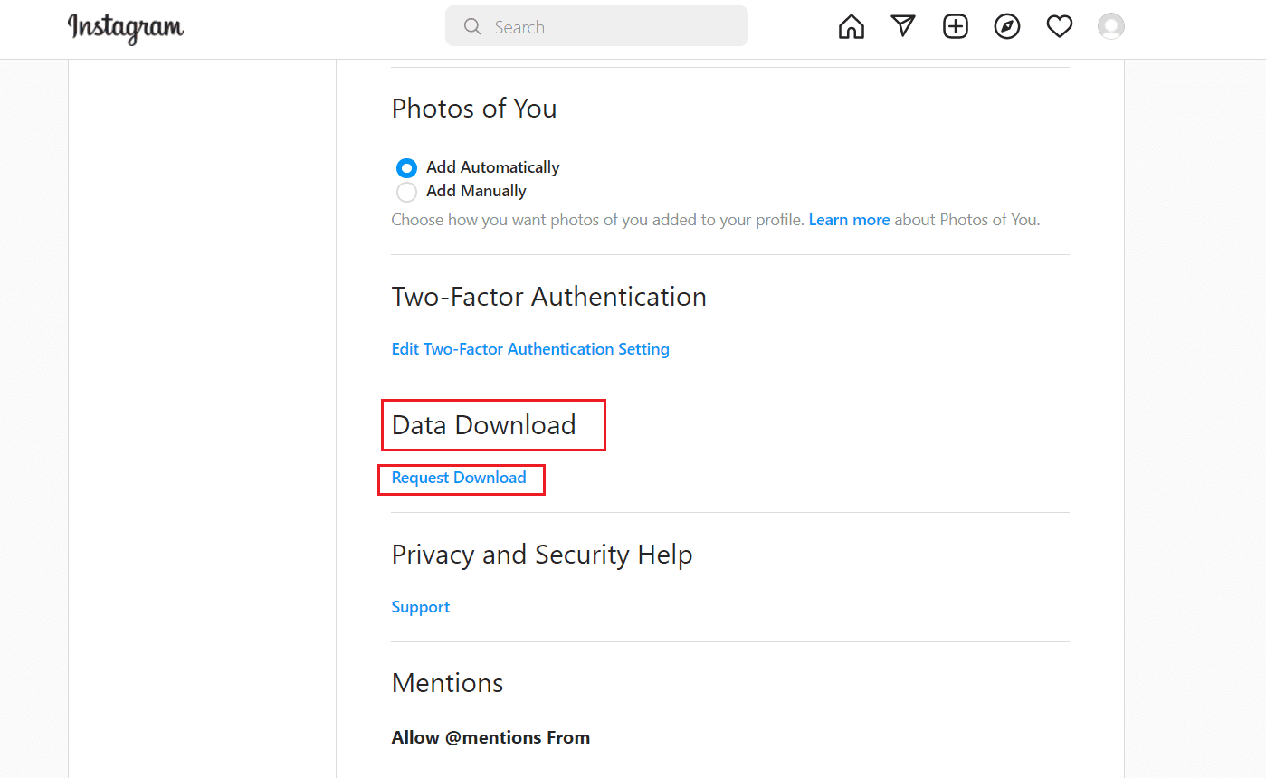 haga clic en la opción de descarga de solicitud en la sección de descarga de datos.  Cómo realizar la recuperación de mensajes de Instagram