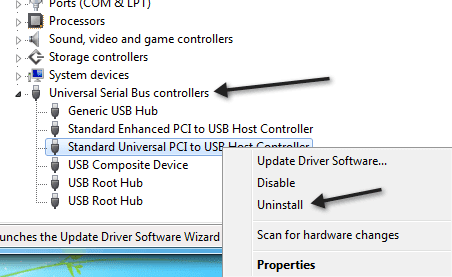 ถอนการติดตั้งคอนโทรลเลอร์ usb