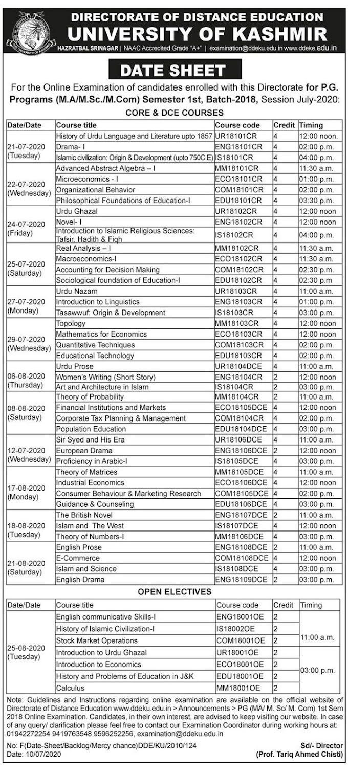 University of Kashmir Datesheet for MA/Msc/Mcom Semester 1st Batch 2018 Session July 2020