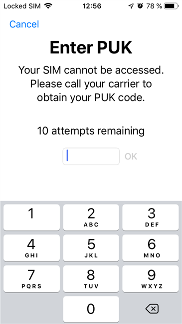 Введите PUK на iPhone