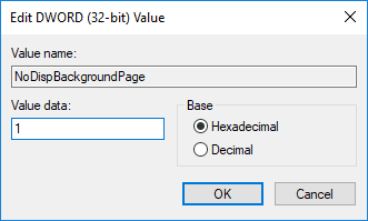 NoDispBackgroundPage DWORDをダブルクリックし、その値を次のように変更します。
