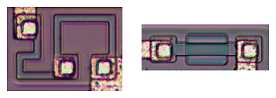 Two resistors from the 741 op amp. The left resistor is a simple 'base resistor', while the right resistor is a 'pinch resistor'.