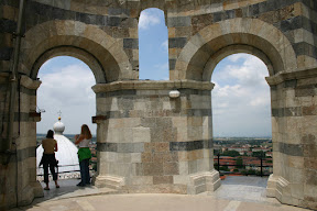 Tourists at the top of the Leaning Tower of Pisa