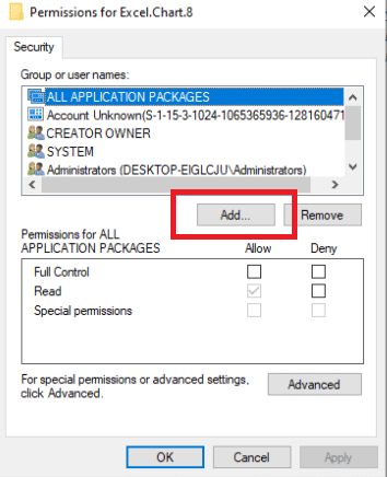 Haga clic en Agregar en la ventana Permisos