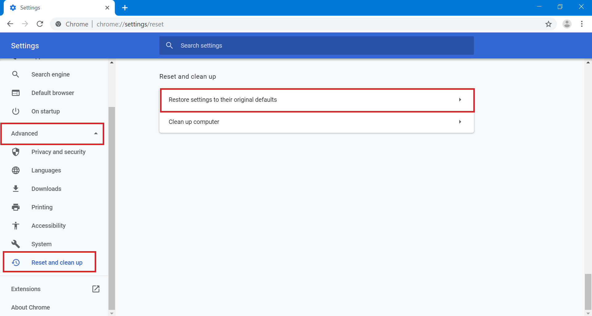 Haga clic en la opción Configuración avanzada en el panel de navegación izquierdo.  En la lista que se contrae, elija la opción Restablecer y limpiar.  Luego seleccione la opción Restaurar la configuración a sus valores predeterminados originales.