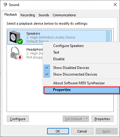 Sau đó, nhấp chuột phải vào thiết bị âm thanh mặc định của bạn và chọn tùy chọn Thuộc tính
