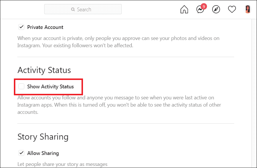 Снимите флажок «Показать статус активности» |  Как увидеть последнее посещение в Instagram