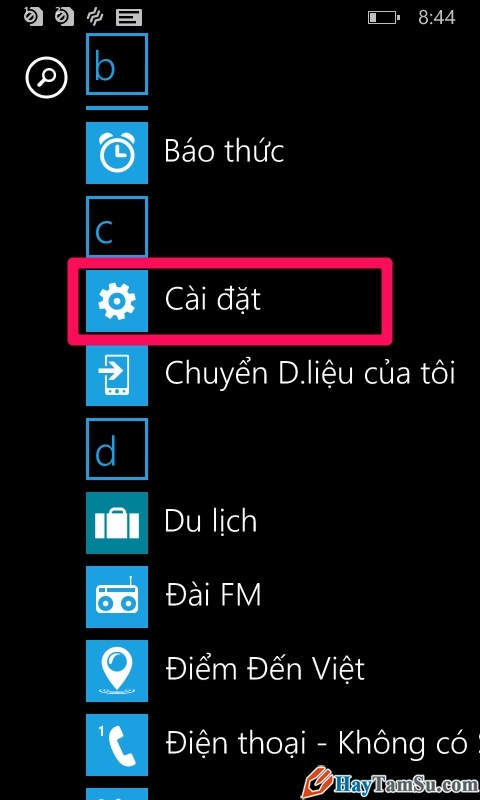 vào phần cài đặt windows Phone