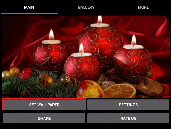 tik op de knop achtergrond instellen in de Android-app Christmas Candle 3D Wallpaper