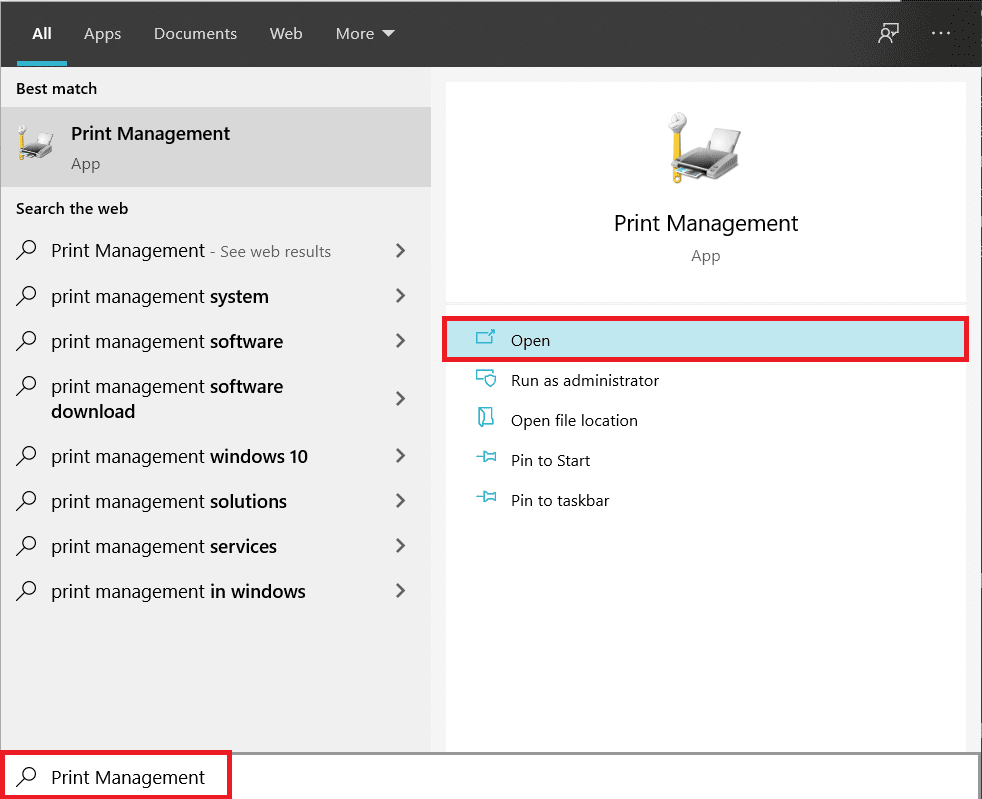 พิมพ์ Print Management ในแถบค้นหาของ Windows แล้วกด Enter เพื่อเปิดแอปพลิเคชัน