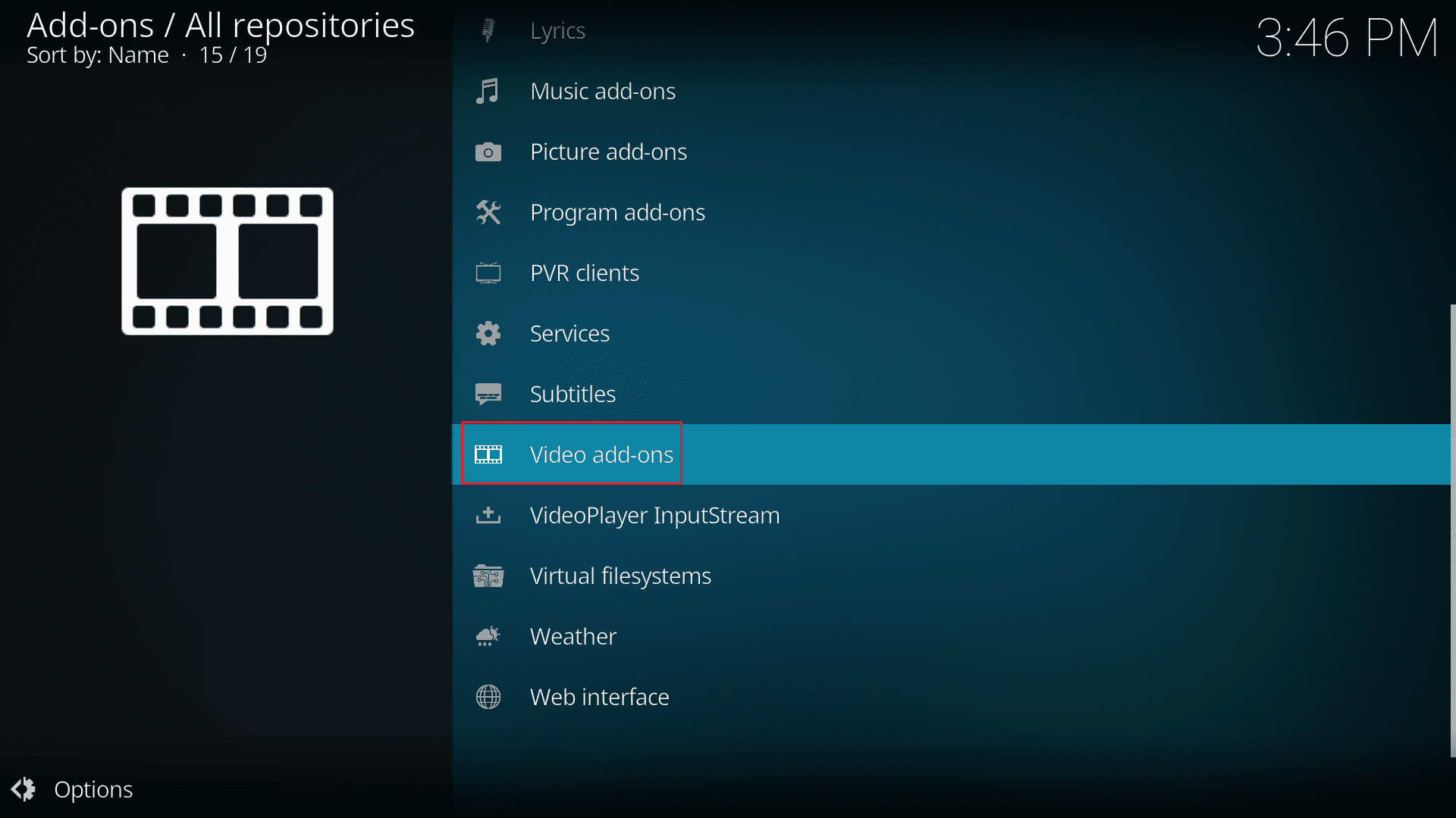 нажмите на видео дополнения в приложении Kodi.  Как установить дополнения Kodi