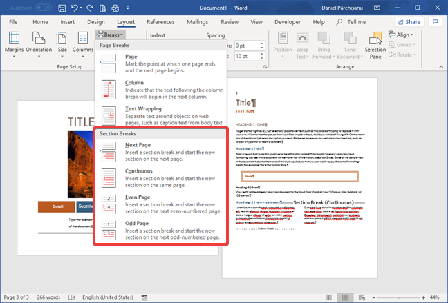 Ngắt phần trong Microsoft Word